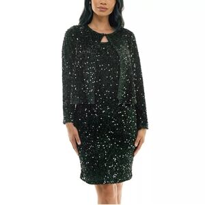 Nina Leonard 2 Piece Spruce Green Sequin Sleeveless Dress Cardigan Jacket Set L
